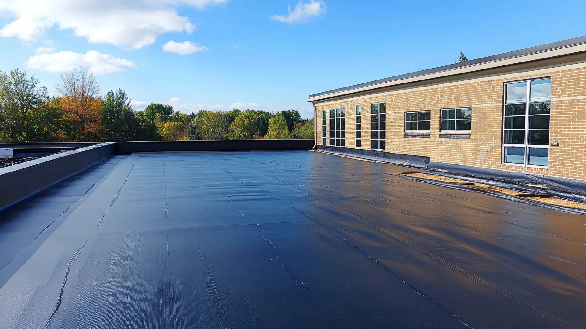 Flat commercial membrane roof on a brick building in Rochester, NY